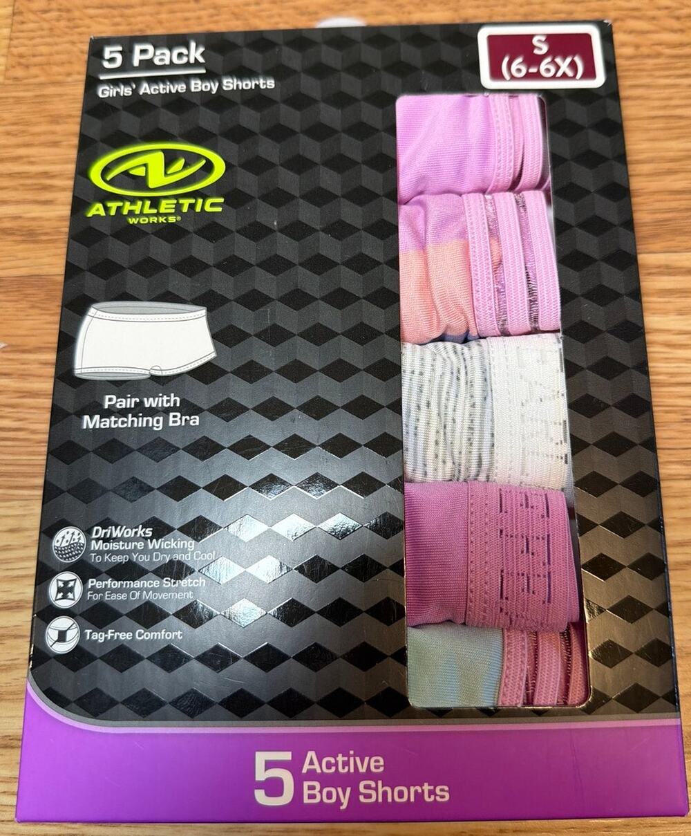 Athletic Works Girls' Active Boy Shorts 5 pk Underwear Panties Size S (6-6x) NEW